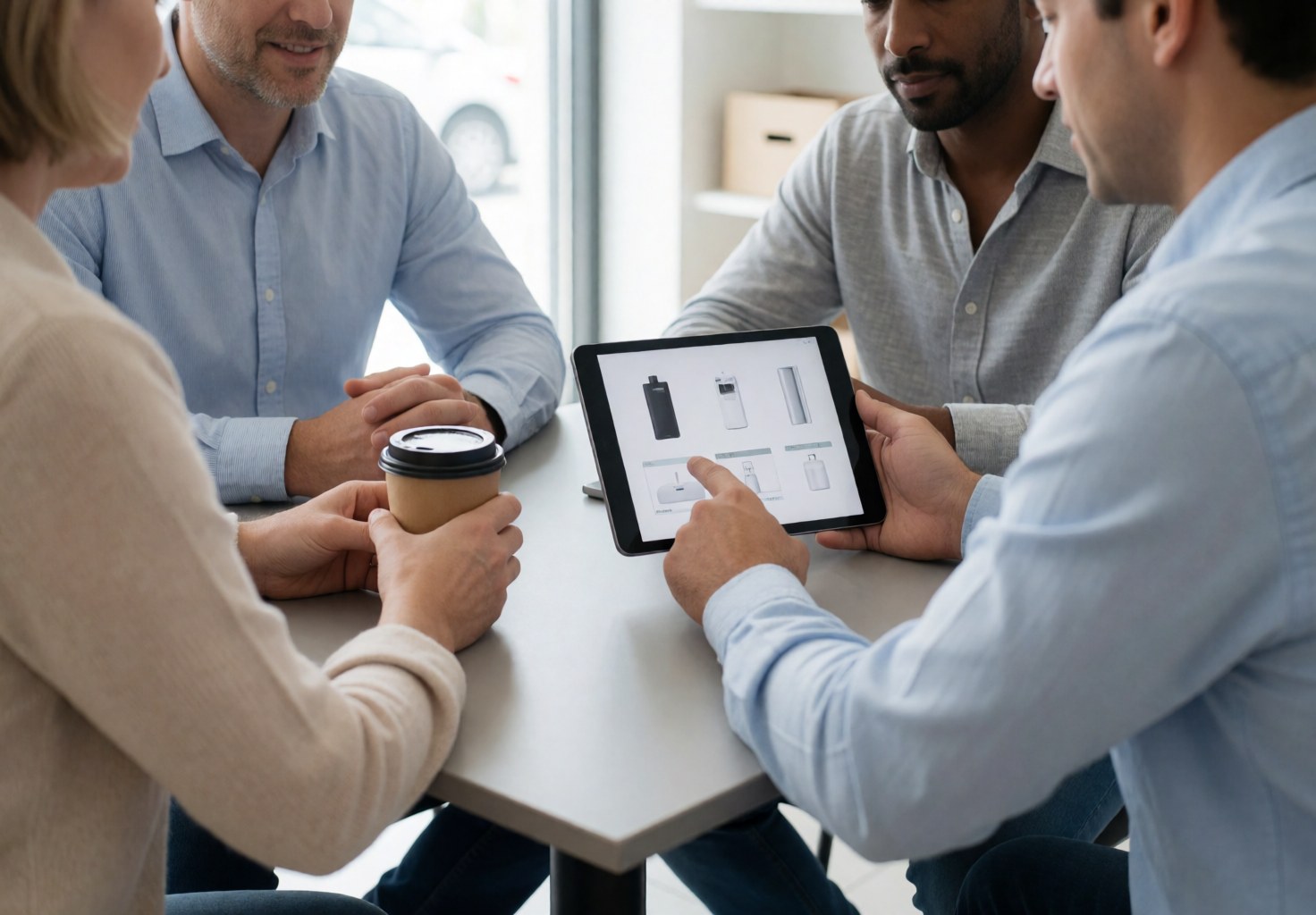 Four people at a table review products on a tablet, one holds a coffee cup.