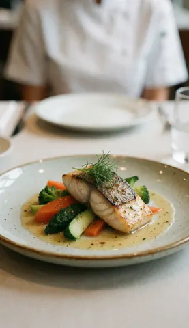 Grilled fish served with mixed vegetables and sauce on a ceramic plate at a restaurant table with a blurred background.