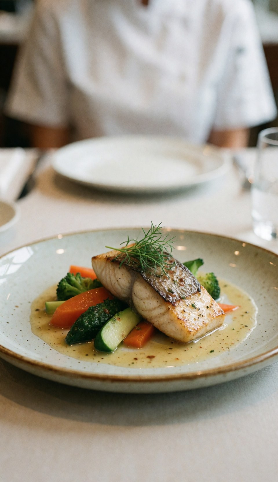 Grilled fish with vegetables and sauce on a plate in a restaurant.