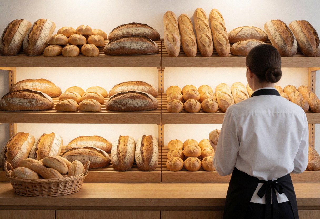 A baker in a black apron checks bread on wooden shelves in a bakery.
