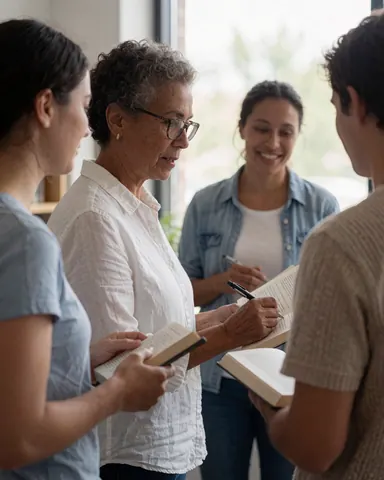 An older professor with glasses teaching young students with open books in a university class.