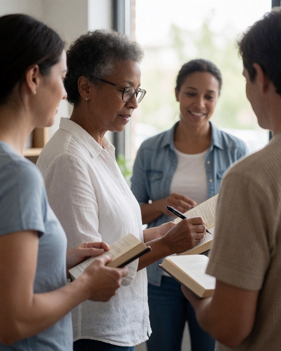 An older professor with glasses teaching young students with open books in a university class.