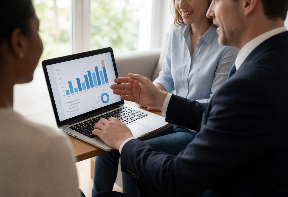 A consultant shows data charts on a laptop to two clients seated at a wooden table.