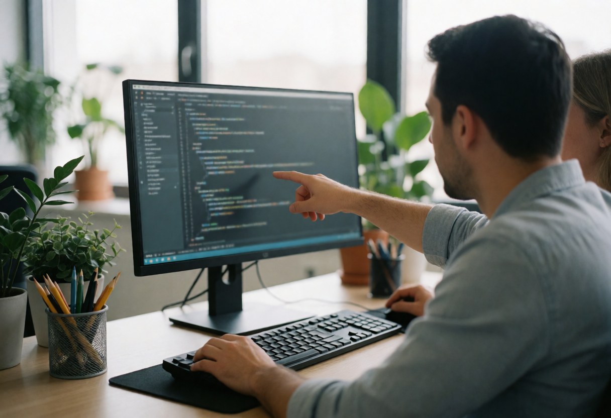 Two people working together on a computer showing code on the screen, in an office with plants and natural light.