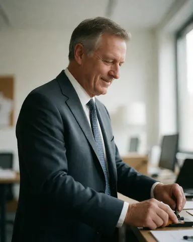 A businessman in a suit and tie reviews documents at his office desk.