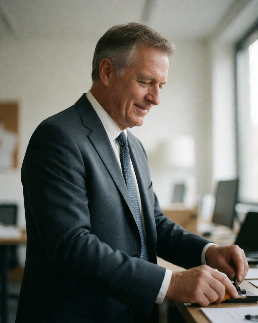 A businessman in a suit and tie reviews documents at his office desk.