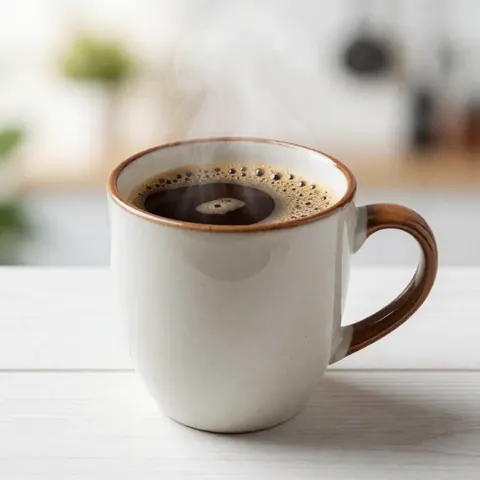 A steaming hot coffee mug on a white wooden table.