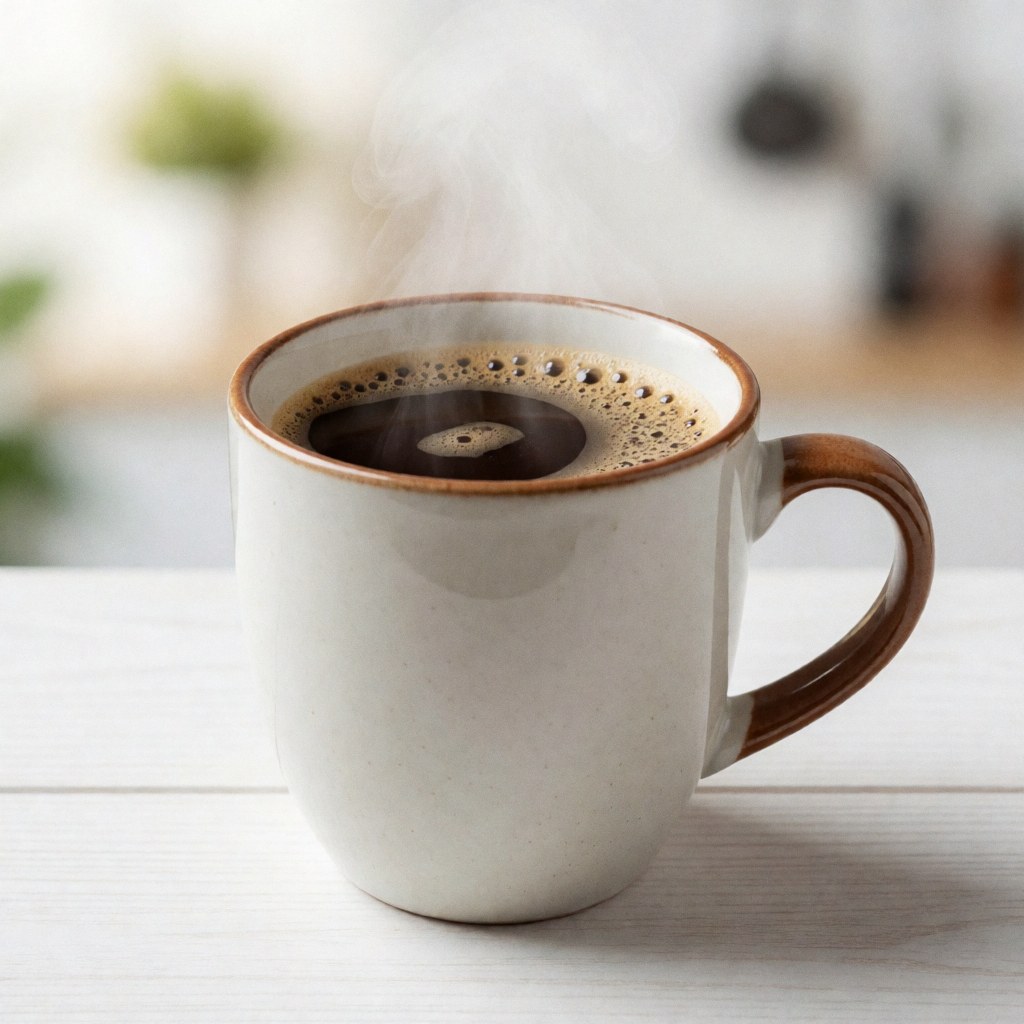 A steaming hot coffee mug on a white wooden table.
