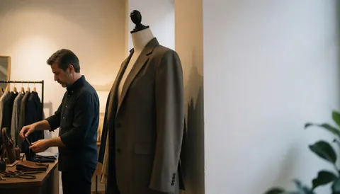 A man organizing accessories on a work table in a clothing store with a mannequin wearing a suit.