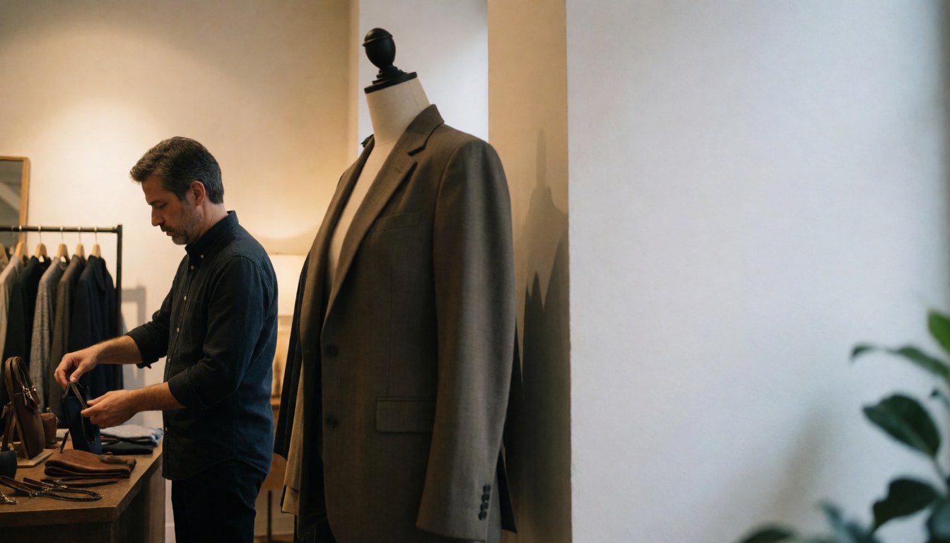 A clothing store owner organizes accessories on a table near a mannequin wearing a formal jacket in a warmly lit boutique interior.