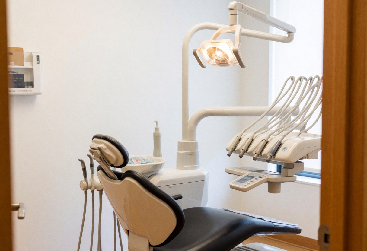 Empty dental operating room with chair, light, and medical equipment, viewed from the hallway.