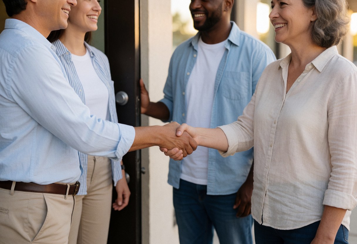 Two people shake hands at an office entrance, smiling, while others observe.