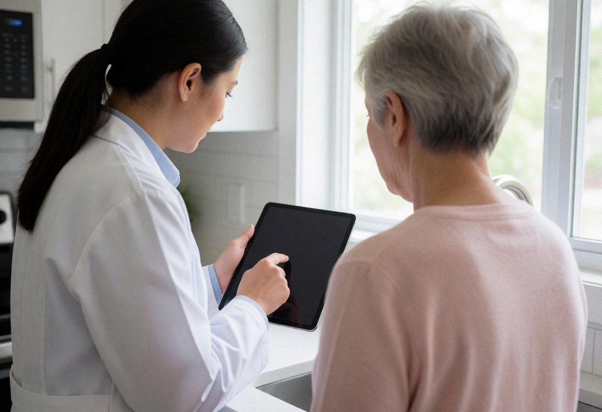 A professional in a white coat reviews a tablet with an older woman in a kitchen.