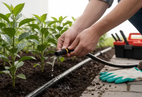 A hand connects a watering hose to irrigate young plants in a garden.