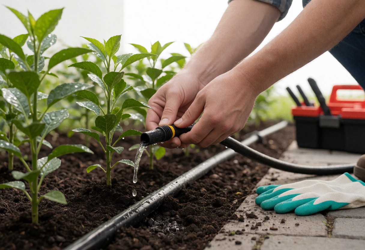 A hand connects a watering hose to irrigate young plants in a garden.