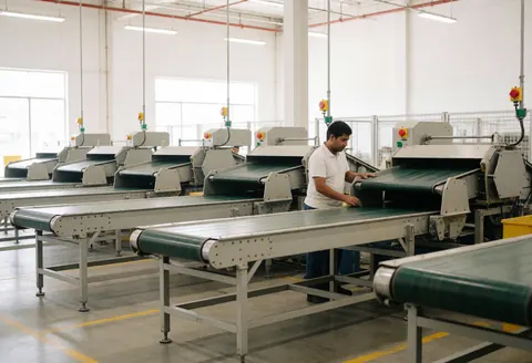 A sorting area inside a distribution center in Mexico City with conveyor belts and industrial lighting