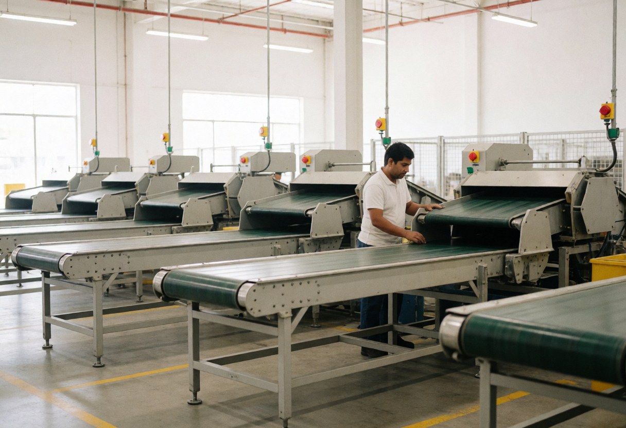 A worker inspects conveyor belts in a logistics center with multiple machines and windows.