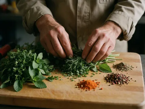 Adult hands chopping fresh herbs and spices on a wooden board for catering food preparation