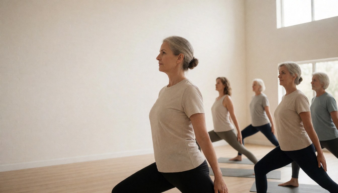 A calm group of women practicing yoga and pilates in a bright, minimalist studio with wooden floors and soft natural light