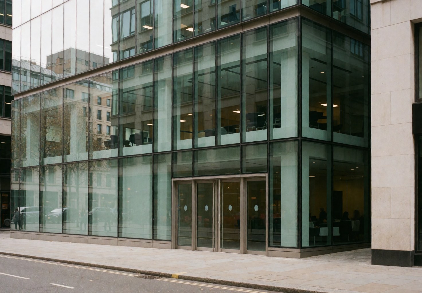 Facade of a modern office building with large glass windows and entrance doors on a London street.