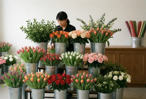 Florist workspace featuring tulips, roses, and greenery arranged in metal buckets on shelves with warm lighting and wooden background