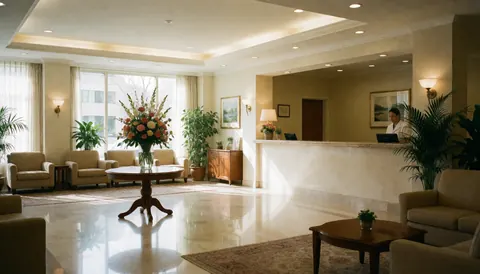 Spacious hotel lobby featuring a reception desk, seating area, floral arrangements, and warm professional lighting.