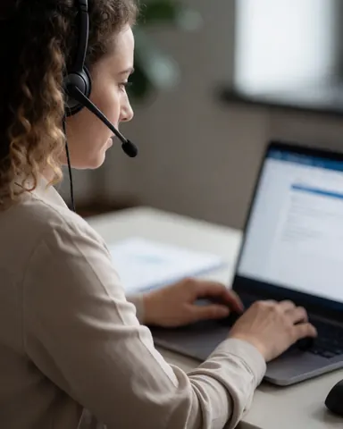 A female IT support engineer wearing a headset works on a laptop at her office desk, focused on her task.