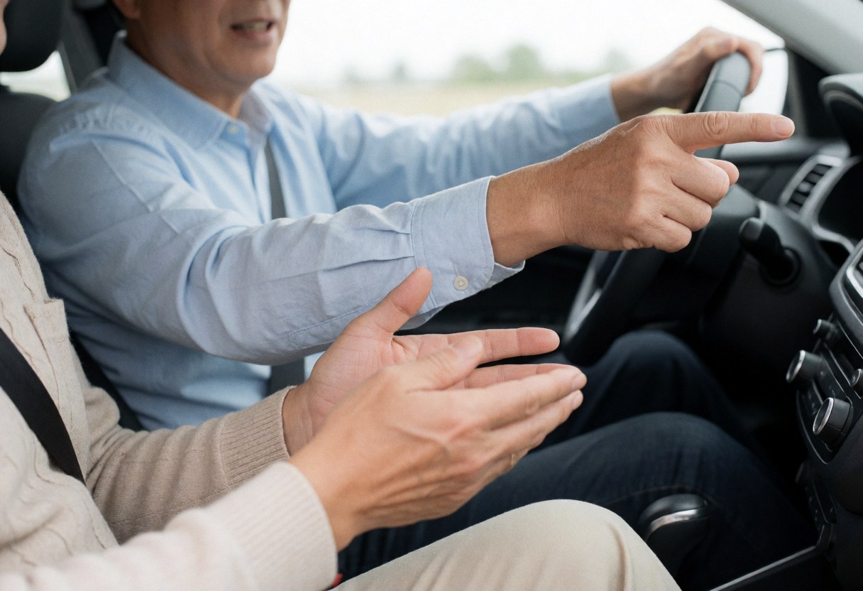 A driving instructor gives instructions to a student while driving a car.