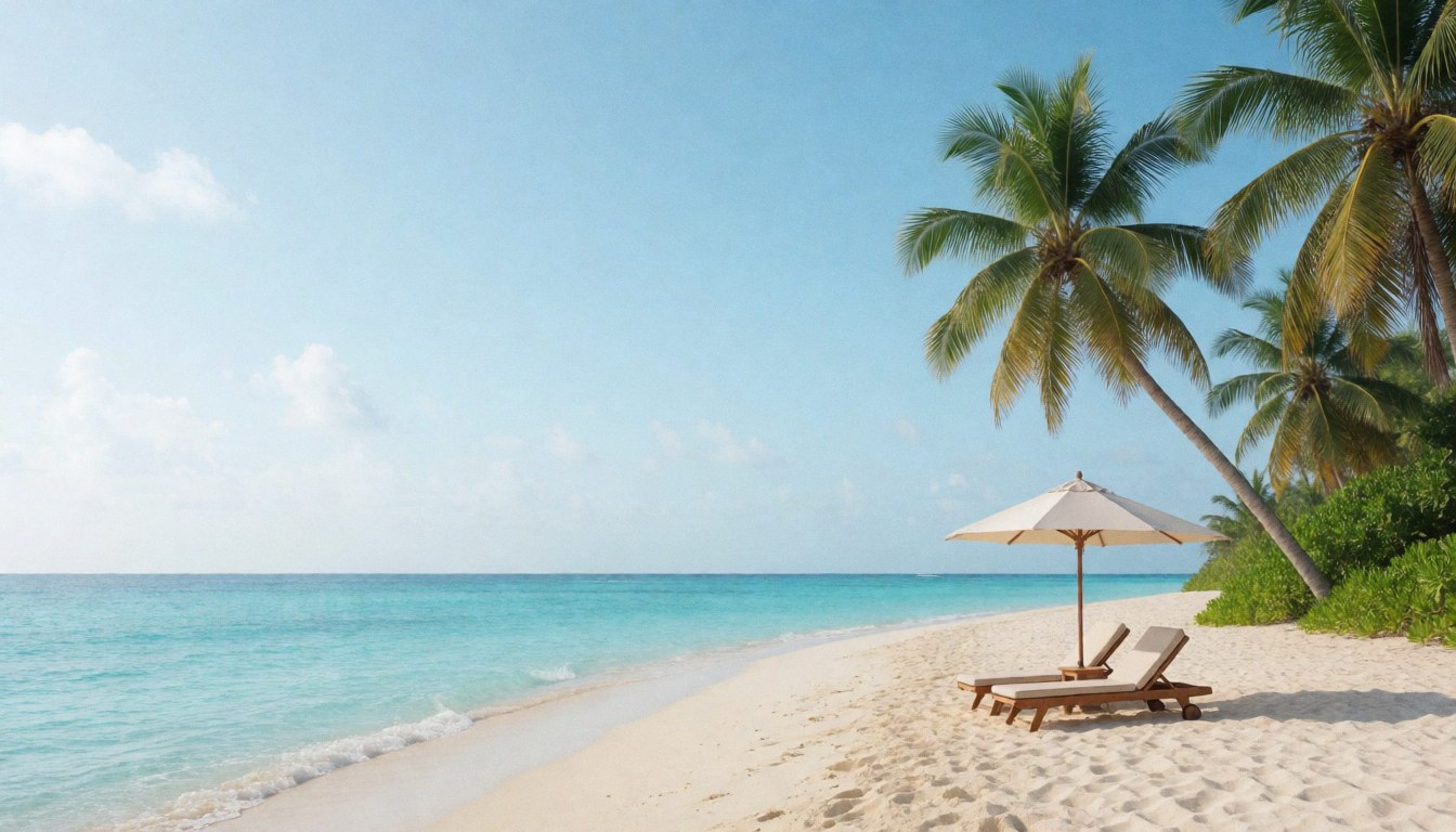 White sand beach with lounge chairs under an umbrella, palm trees, and turquoise ocean under a clear blue sky.