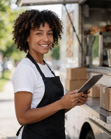 A smiling woman in a black apron holds a computer at the window of a food truck.