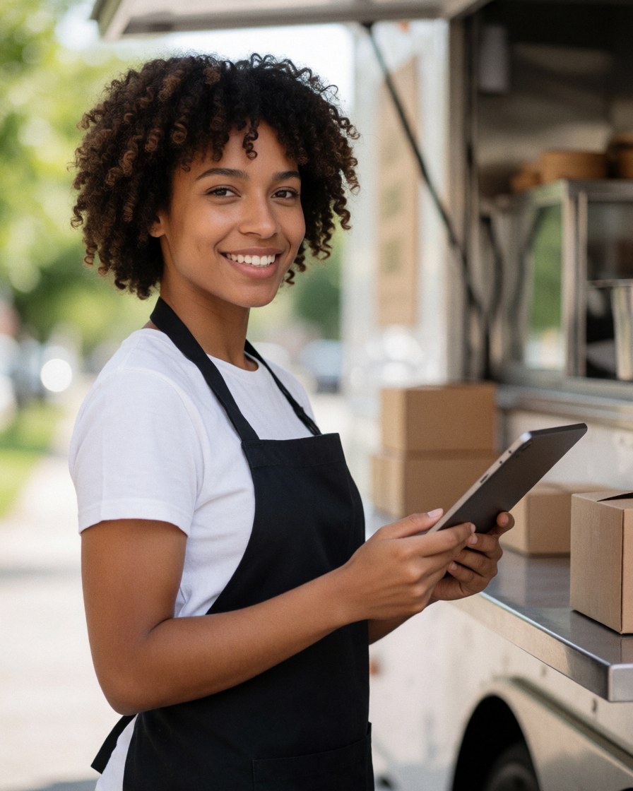 A smiling woman in a black apron holds a computer at the window of a food truck.