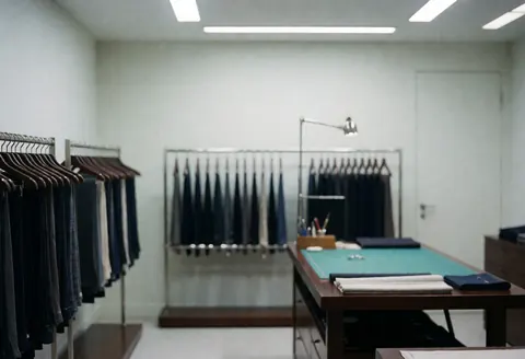 Interior of a clothing store with racks of jeans and a cutting table with fabric.