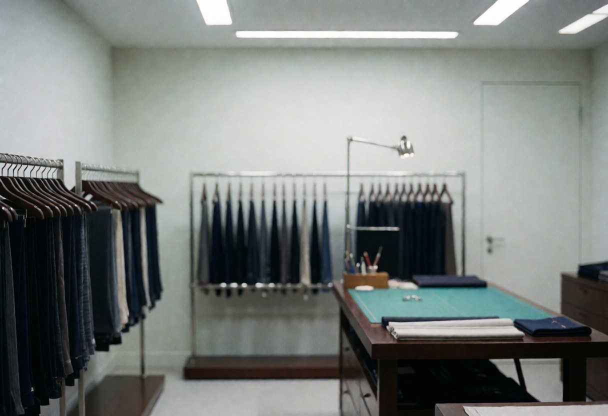 Interior of a clothing store with racks of jeans and a cutting table with fabric.