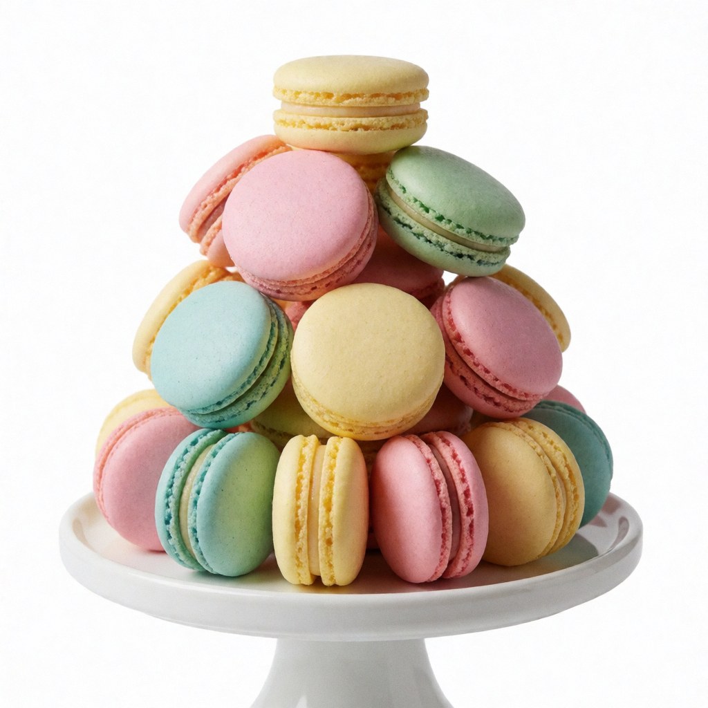 Tower of French macarons in pastel colors on a white pedestal, for patisserie or events.