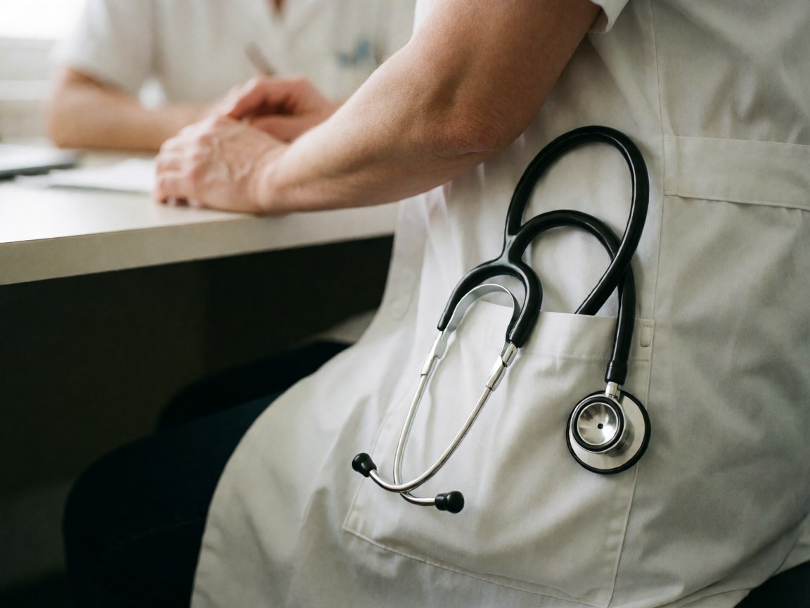 Doctor with stethoscope in white lab coat, seated in a medical office.