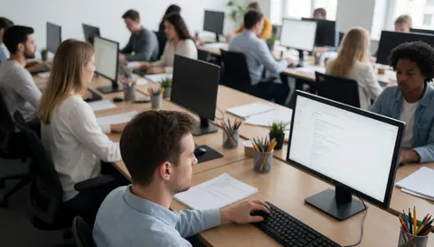 A modern open office environment featuring rows of desks equipped with computers, monitors, and office supplies in a bright collaborative workspace