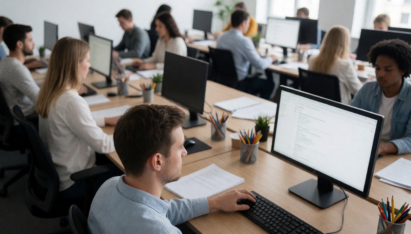 A modern open office environment featuring rows of desks equipped with computers, monitors, and office supplies in a bright collaborative workspace