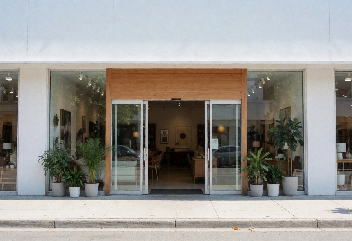 Modern furniture store front with glass doors, potted plants, and furniture visible inside.