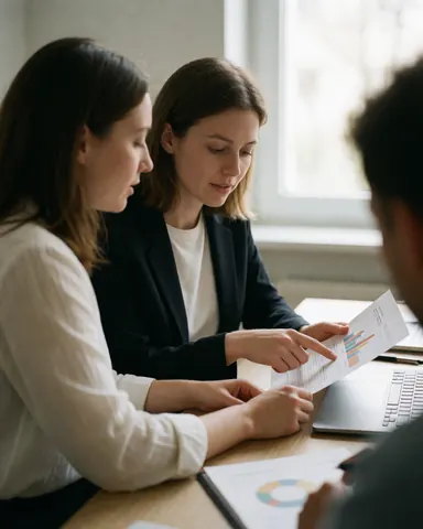 Three people in an office meeting reviewing data charts on a laptop and printed documents.