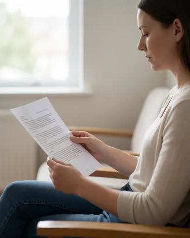 A smiling woman sits in a chair reading legal documents near a window with natural light in a professional office setting