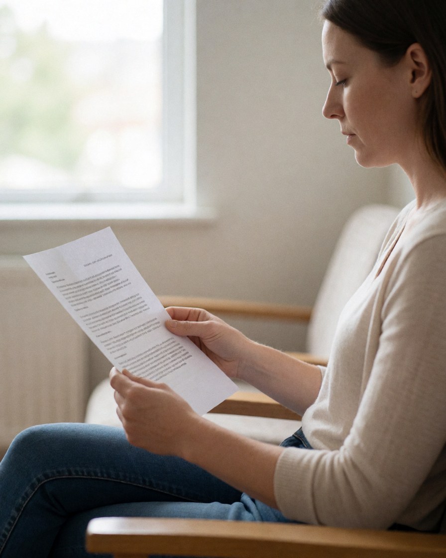 A young woman seated on a wooden chair, reading a document attentively in an indoor room.
