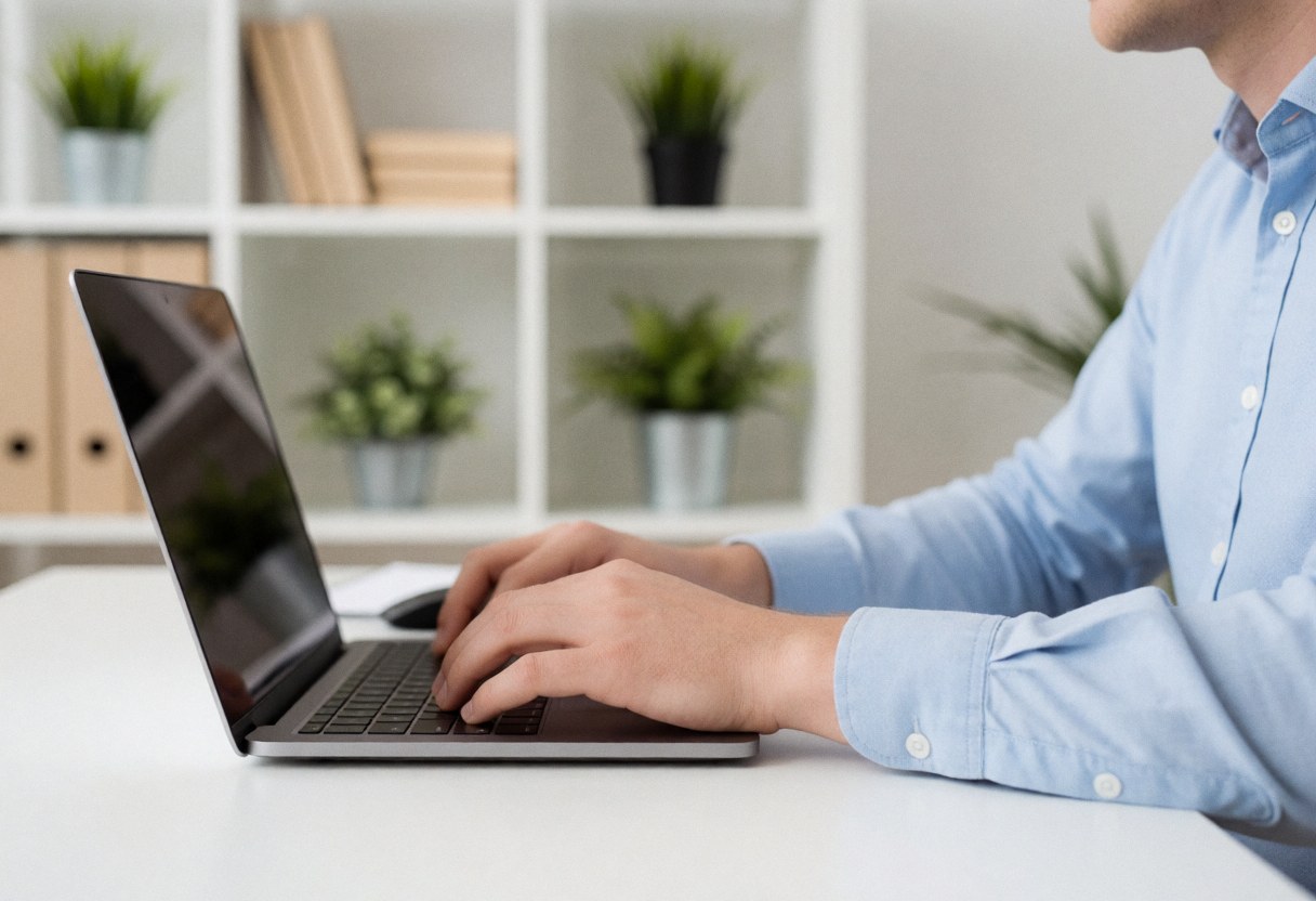A man in a blue shirt types on a laptop on a white desk in an office with shelves and plants.