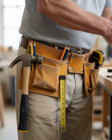 Adult carpenter wearing a leather tool belt with hammer, tape measure, and pencils in a professional workshop setting.