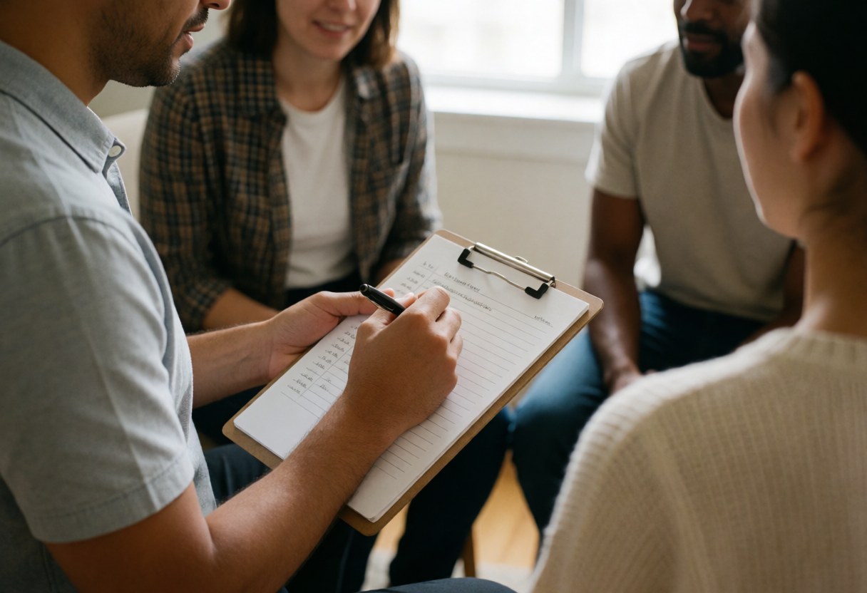 A professional takes notes in a team meeting while others participate seated in a circle.