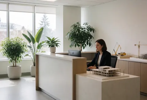 An architect works at her desk with a building model and plants in a modern office.