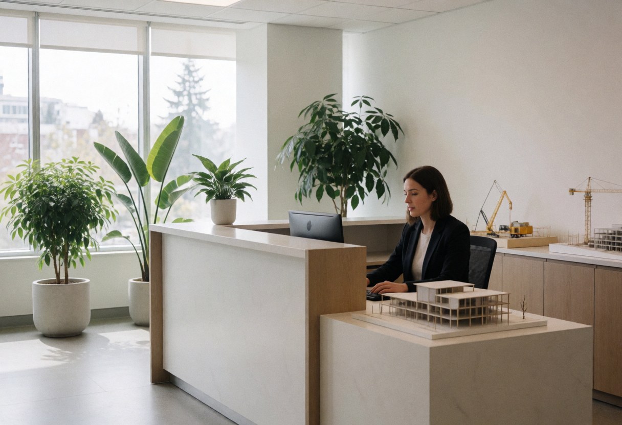 An architect works at her desk with a building model and plants in a modern office.