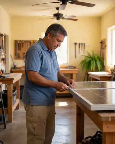 A technician in a blue shirt installs a solar panel on a wooden table in a well-lit workshop.