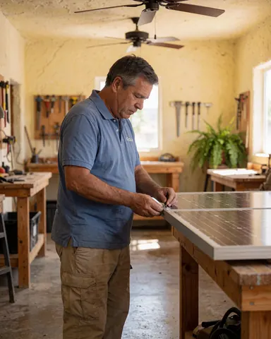 A technician in a blue shirt installs a solar panel on a wooden table in a well-lit workshop.