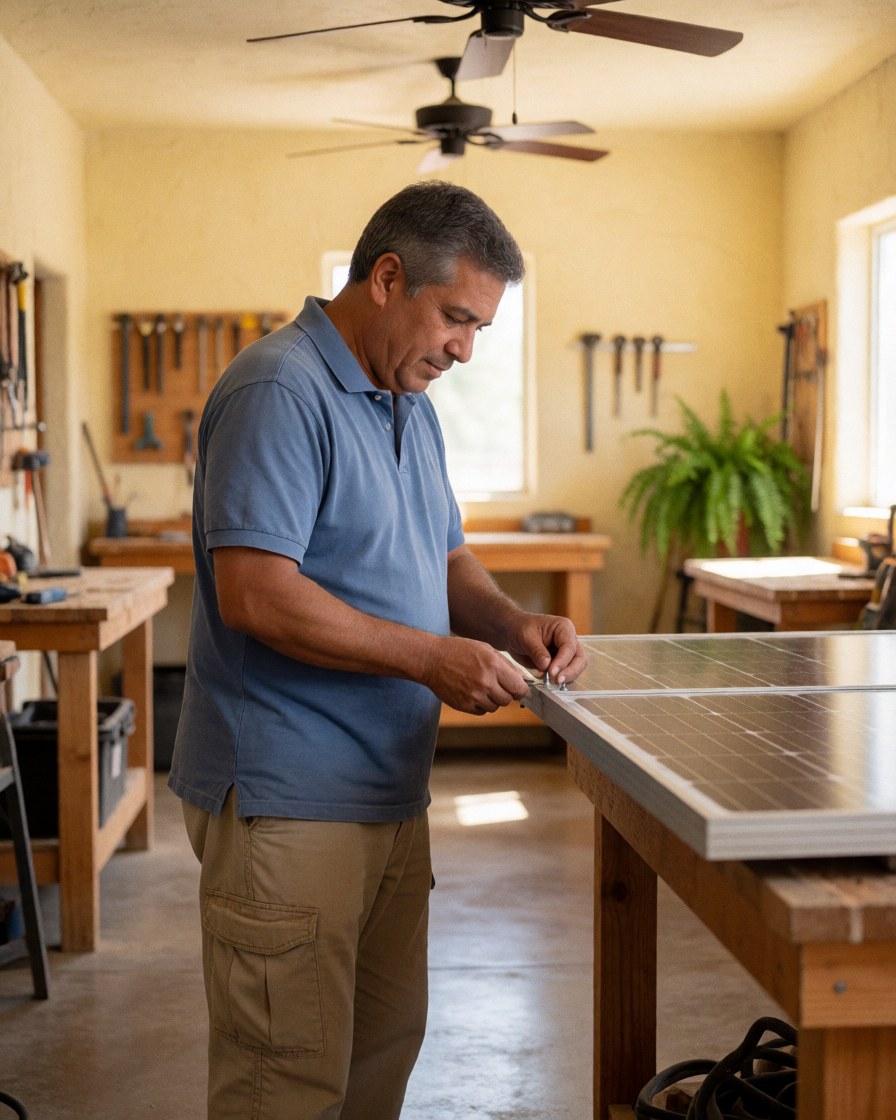 A technician in a blue shirt installs a solar panel on a wooden table in a well-lit workshop.