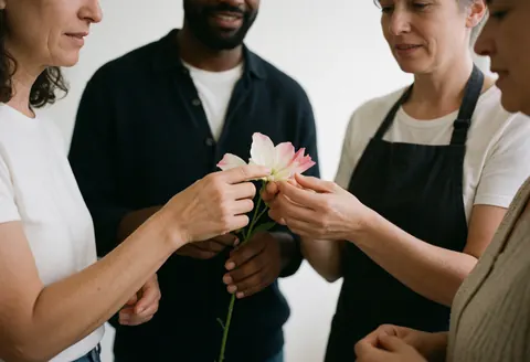 A florist and a customer work together on a floral arrangement, while others watch attentively.